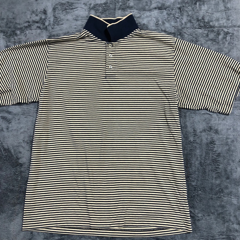 Honors‎ Polo Shirt Mens XL Navy Blue Cream Striped Short Sleeve Collared Top